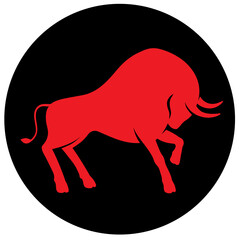 The bull is red in a black circle. Stylish strong wild bull logo design. Stylized silhouette of standing and butting up ox. Isolated on a white background. Vector flat illustration. 