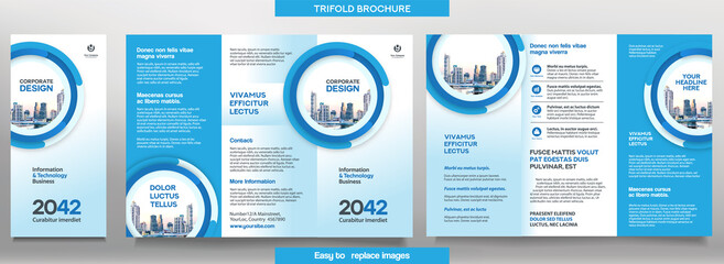 Business Brochure Template in Tri Fold Layout. Corporate Design Leaflet with replacable image.