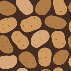 Potato seamless pattern. Raw vegetable. Background with stylized potatoes. Natural browns. Vegetarian product. Vegan menu.  Hand drawn colorful flat stock illustration. Vector design.