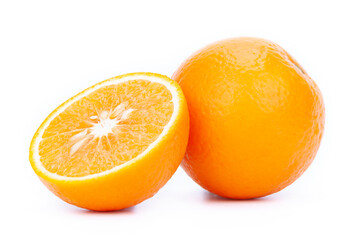 Whole and half of orange on white background, isolated