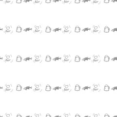 Seamless pattern with black-and-white beer mug, fish and the inscription beer on white background. Vector image.