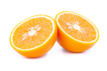 Fototapeta premium two halves of a cut orange on a white background isolated