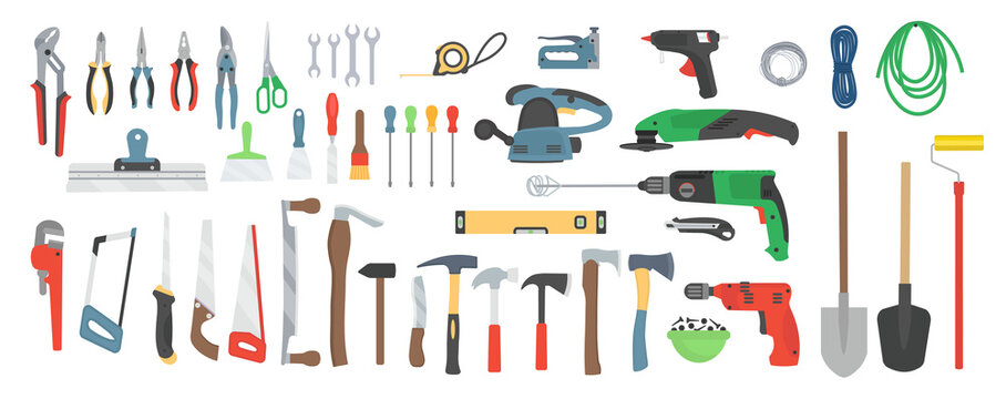 Large set of construction tools. Drill, grinder, circular saw, chisel, axe, hammer, nail puller, hacksaw, tape measure, spatula, nippers, pliers, wrench, stapler, glue gun, roller, pruner.Icon set. 