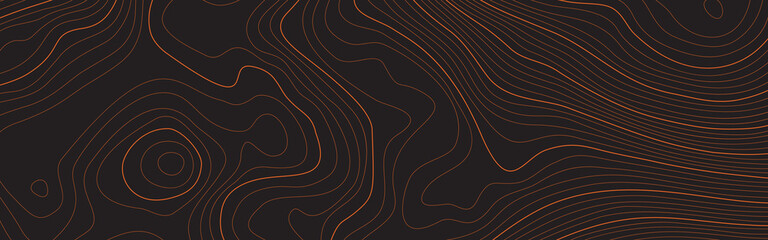 The stylized height of the topographic contour in lines and contours. The concept of a conditional geography scheme and the terrain path. Dark on black. Ultra wide size. Vector illustration. - obrazy, fototapety, plakaty