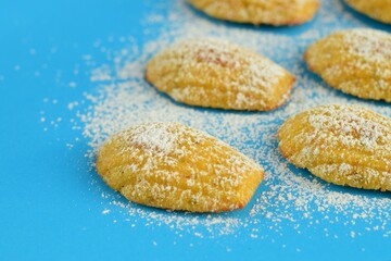 Madeleines with powdered sugar on blue background