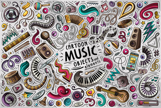 Colorful vector doodles cartoon set of Music objects