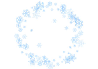 Fototapeta premium Winter frame with blue snowflakes for Christmas and New Year celebration. Horizontal winter frame on white background for banners, gift coupons, vouchers, ads, party events. Falling frosty snow.