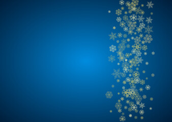 New Year snow on blue background. Gold glitter snowflakes. Christmas and New Year snow falling backdrop. For season sales, special offers, banner, cards, party invite, flyer. Horizontal frosty winter.