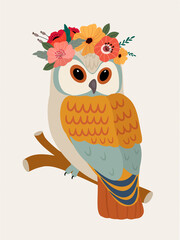 Vector illustration of cute cartoon owl with flowers. Stylish drawing for birthday cards, party invitations, poster and postcard.