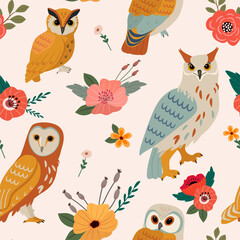 Vector seamless owl floral pattern. Vintage background for wallpaper, fabric, digital paper.