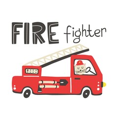 Firefighter print. Fire truck car with lettering. Baby boy hand drawn poster, trendy scandinavian style childish collection, textile print and nursery decoration cartoon vector isolated illustration