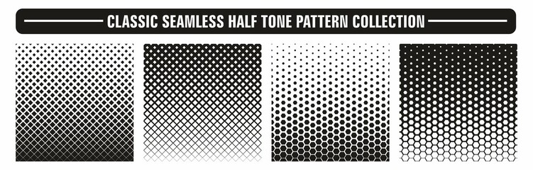 Classic half tone seamless pattern collection in black and white. Perfect graphic effect for pattern and fills. Vector illustration.