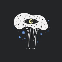 Space mushrooms poster. Hand drawn line pastel colored mushroom collection. Cosmos, magic or forest doodle plants, fantastic decorative object cartoon isolated vector illustration for prints