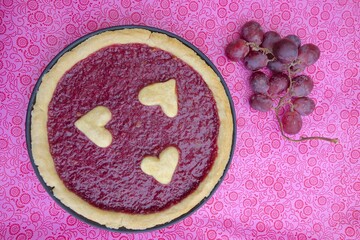 Grape pie with love shape decoration, Valentine's Day baking idea