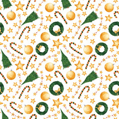 Watercolor hand drawn Christmas seamless pattern. New year print on white background. Cute winter design element for wallpaper, cards, greetings, invitations, wrapping paper and decoration.