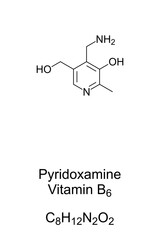 Pyridoxamine, vitamin B6, chemical formula and skeletal structure. Also known as pyridoxylamine, it is a form of vitamin B6, used as dietary supplement and medication. Illustration over white. Vector.