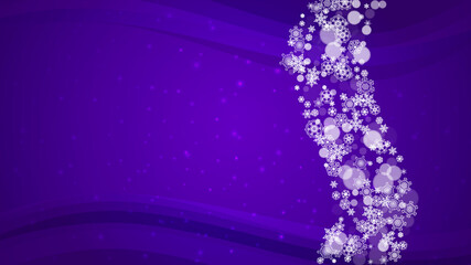 Snow frame with ultra violet snowflakes. New Year backdrop. Winter border for gift coupons, vouchers, ads, party events. Christmas trendy background. Holiday frosty banner with snow frame