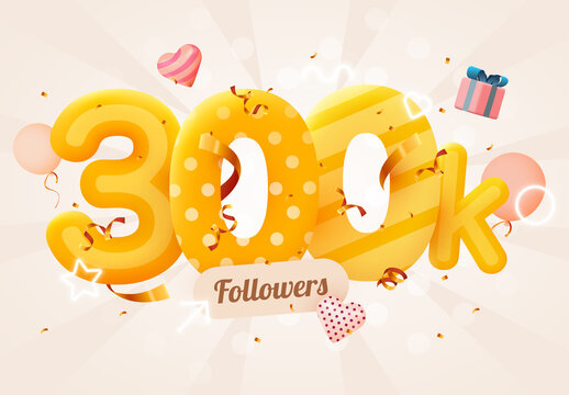 300k or 300000 followers thank you Pink heart, golden confetti and neon signs. Social Network friends, followers, Web user Thank you celebrate of subscribers or followers and likes.