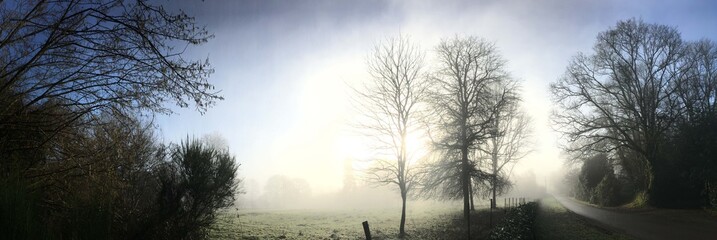 Panorama d'un matin brumeux ensoleillé en hiver à Barré Briec en Bretagne Finistère Cornouailles France