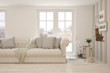 White living room with sofa and winter landscape in window. Scandinavian interior design. 3D illustration