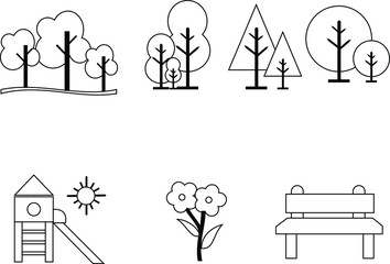 black and white icon template set. flat vector design of trees, flowers, chairs, children's slide. can be filled in color