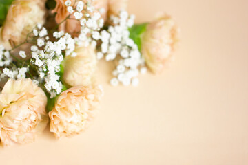Beige carnation flowers bouquet on light beige background. Selective focus. Holiday decoration concept. Place for text.