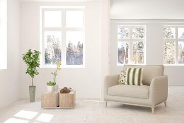 White living room with armchair. Scandinavian interior design. 3D illustration