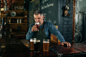 bartender working in bar. he is testing craft beer