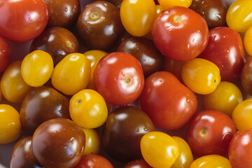 Multicolored tomatoes of different varieties. Fashionable vegan food.
