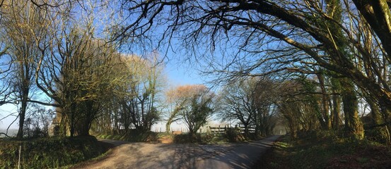 Panorama d'un matin brumeux ensoleillé en hiver à Barré Briec en Bretagne Finistère Cornouailles France