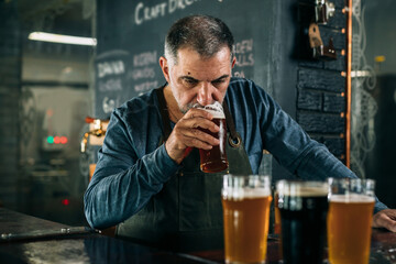 bartender working in bar. he is testing craft beer