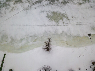 One tree on the banks of a frozen river. Frosty patterns on the ice. Aerial drone view. Foggy winter morning.