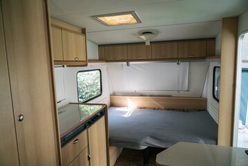 Vacation in camper, caravan. Interrior rooms of Camper caravan car. Holiday on camping