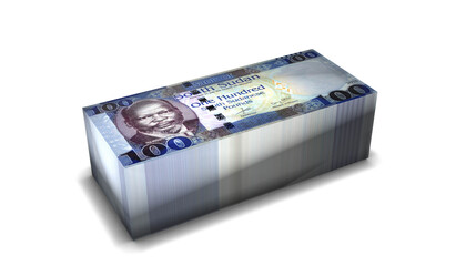South Sudan 100 Pounds Banknotes Money Stack on White Background