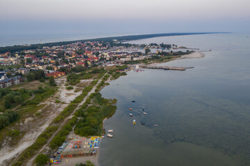 Aerial drone view of sunset in Hel penisula Jastarnia Puck Bay Baltic Sea Poland