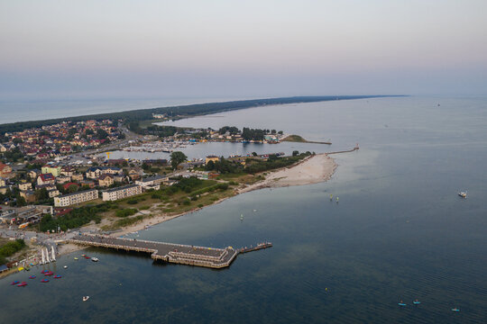 Aerial drone view of sunset in Hel penisula Jastarnia Puck Bay Baltic Sea Poland