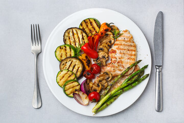 Seasonal summer grilled vegetables and chicken in a pan