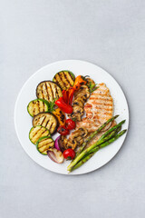 Seasonal summer grilled vegetables and chicken in a pan