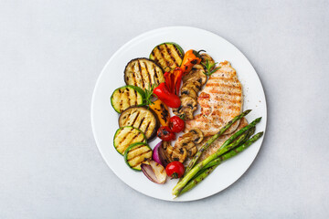 Seasonal summer grilled vegetables and chicken in a pan