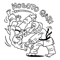 Judo player holds an opponent's nose and kimono and puts him on Tatami by Nosoto Gari, sport humor, black and white cartoon