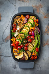 Seasonal summer grilled vegetables in a pan