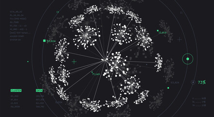 Big data visualization. Cluster analysis. Social media graph. Global data network. Cloud computing. Communication system.