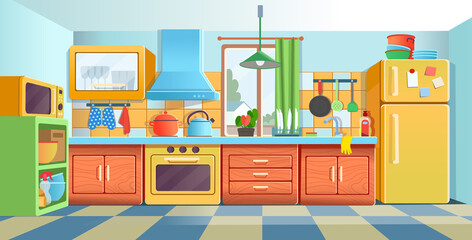 Retro сozy colored kitchen interior with fridge, kitchen stove, cupboard dishes. Vector illustration flat cartoon style.