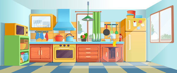 Cozy colored kitchen interior with fridge, kitchen stove, cupboard dishes. Vector illustration flat cartoon style. © NADEZHDA