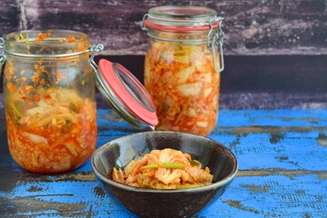 Kimchi, traditional Korean food, fermented Napa cabbage and radish with seasoning