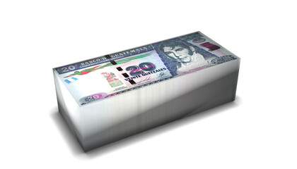 Guatemala 20 Quetzal Banknotes Money Stack on White Background