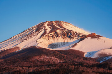 水ヶ塚公園駐車場から迫るような冬の富士山の眺め（日の出直後）