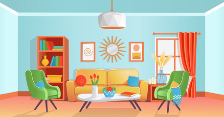 Retro cozy colored living room interior with sofa, armchairs, table, shelf, window, vase, chandelier, paintings, mirror. Vector illustration flat cartoon style.