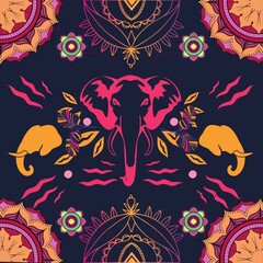 Elephants, Leaves and Mandalas Pattern
