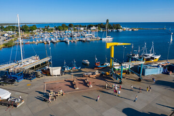 Aerial view of marina in Jastarnia. Hel peninsula harbor in Puck Bay Baltic Sea Poland drone